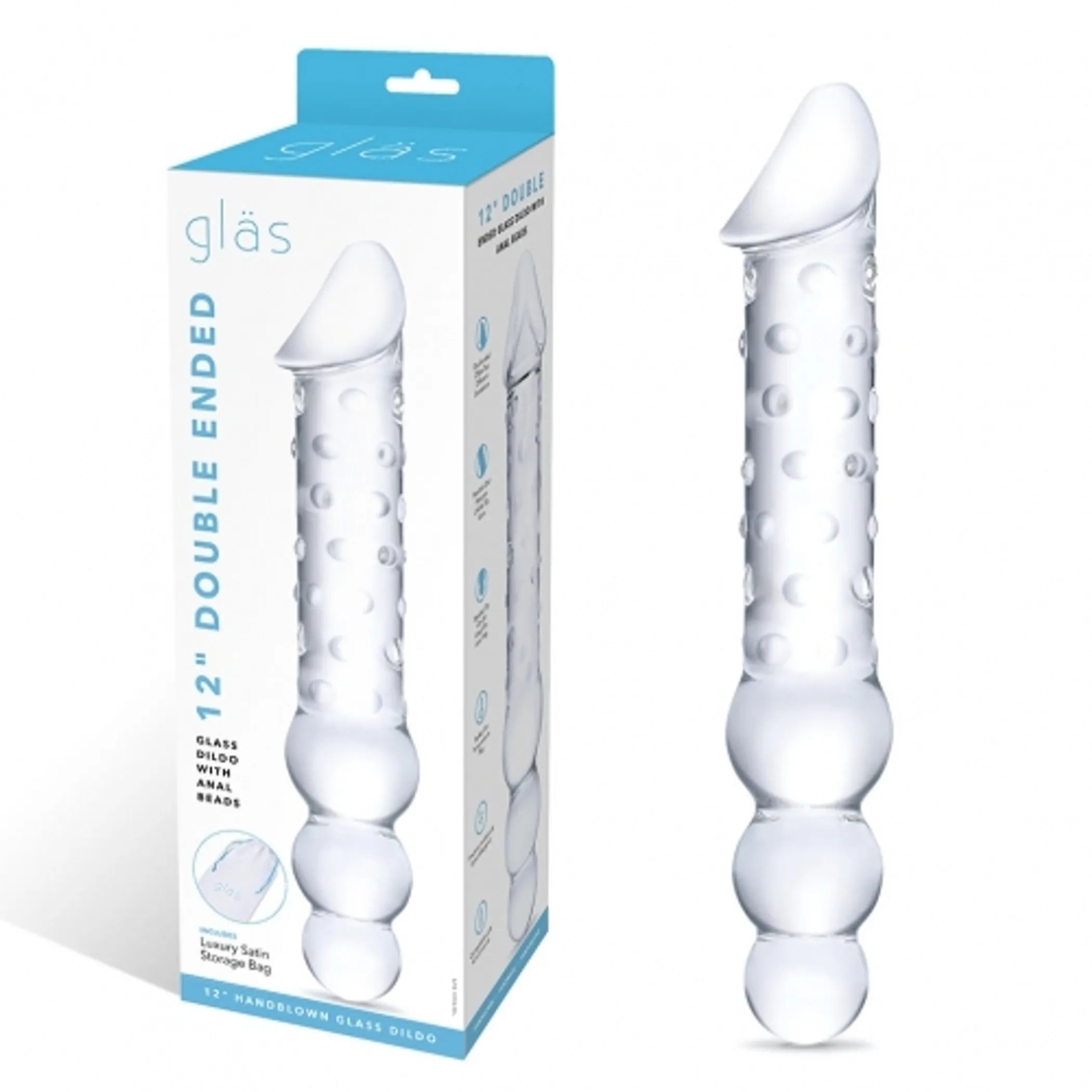 GLAS 12IN DOUBLE ENDED DILDO W / ANAL BEADS