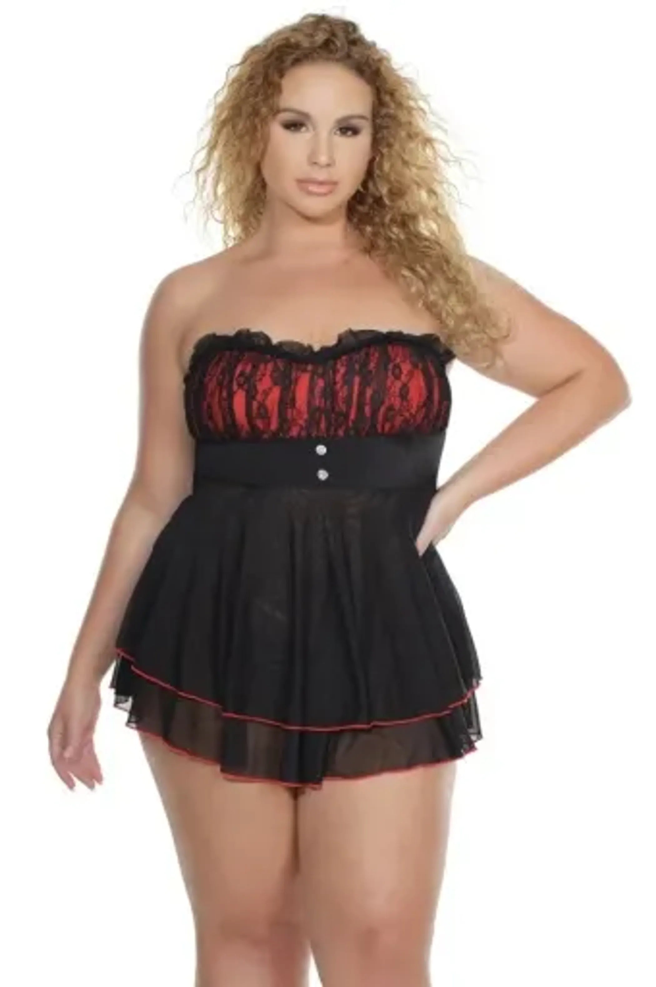 Babydoll red and black. 2-piece babydoll  G-string set

Lycra and mesh construction for a soft, flexible fit

Gathered lace padded cups for shape and comfort

Rhinestone button detail for a subtle statement

Removable straps for versatile styling Vyxins.com