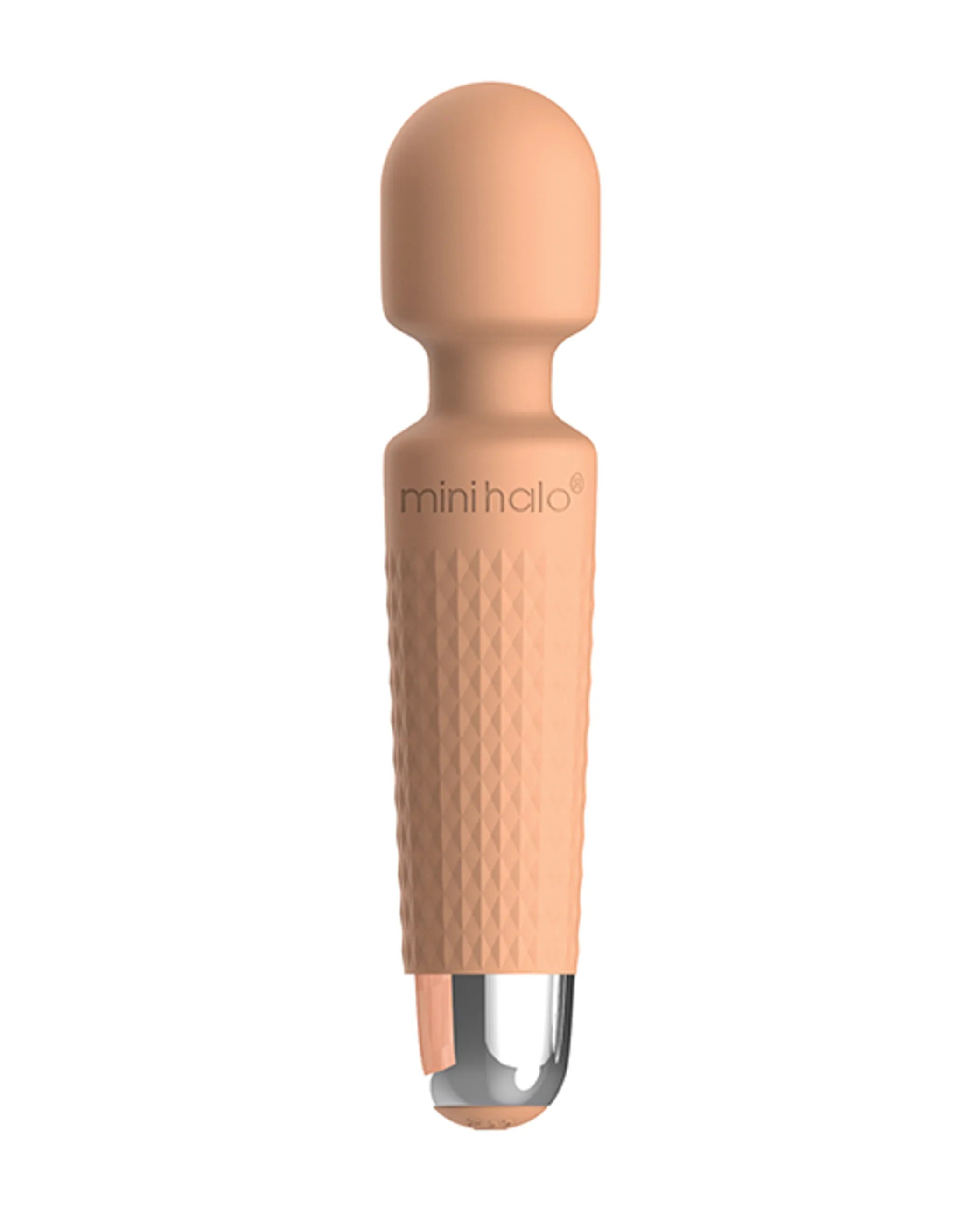 Mini Halo Wand – Peach Fuzz Orange. Rechargeable (USB cord with optional plug-in included) 20 vibration patterns. Vyxins.com 
