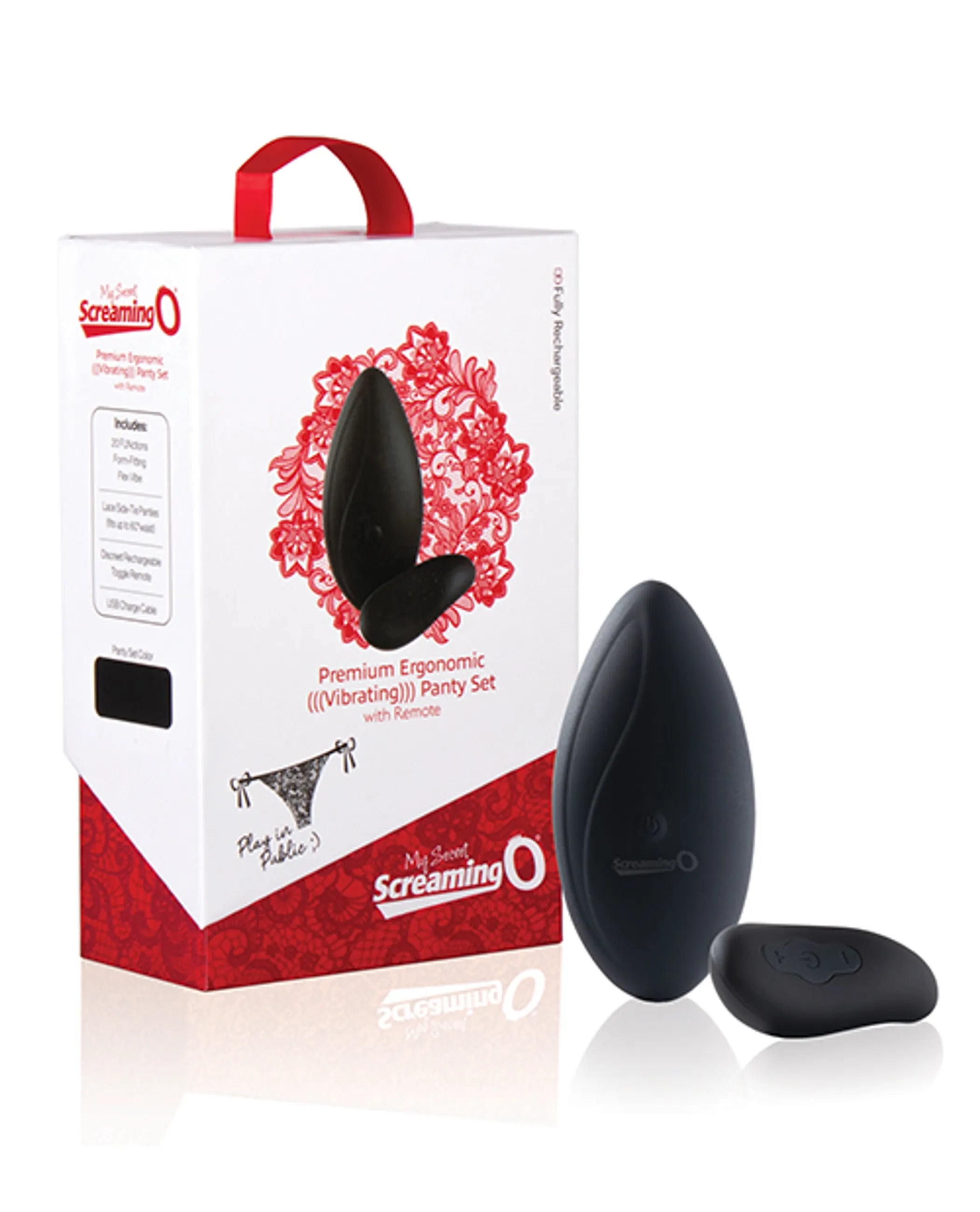 Brand: Screaming O. Discreet rechargeable remote control (optional use). Includes lace panties with hidden ergonomic vibe. 20 vibration functions with deep, rumbling power. Flexible, contoured design for a secure, comfortable fit. Over 60 minutes of vibration time. Vyxins.com