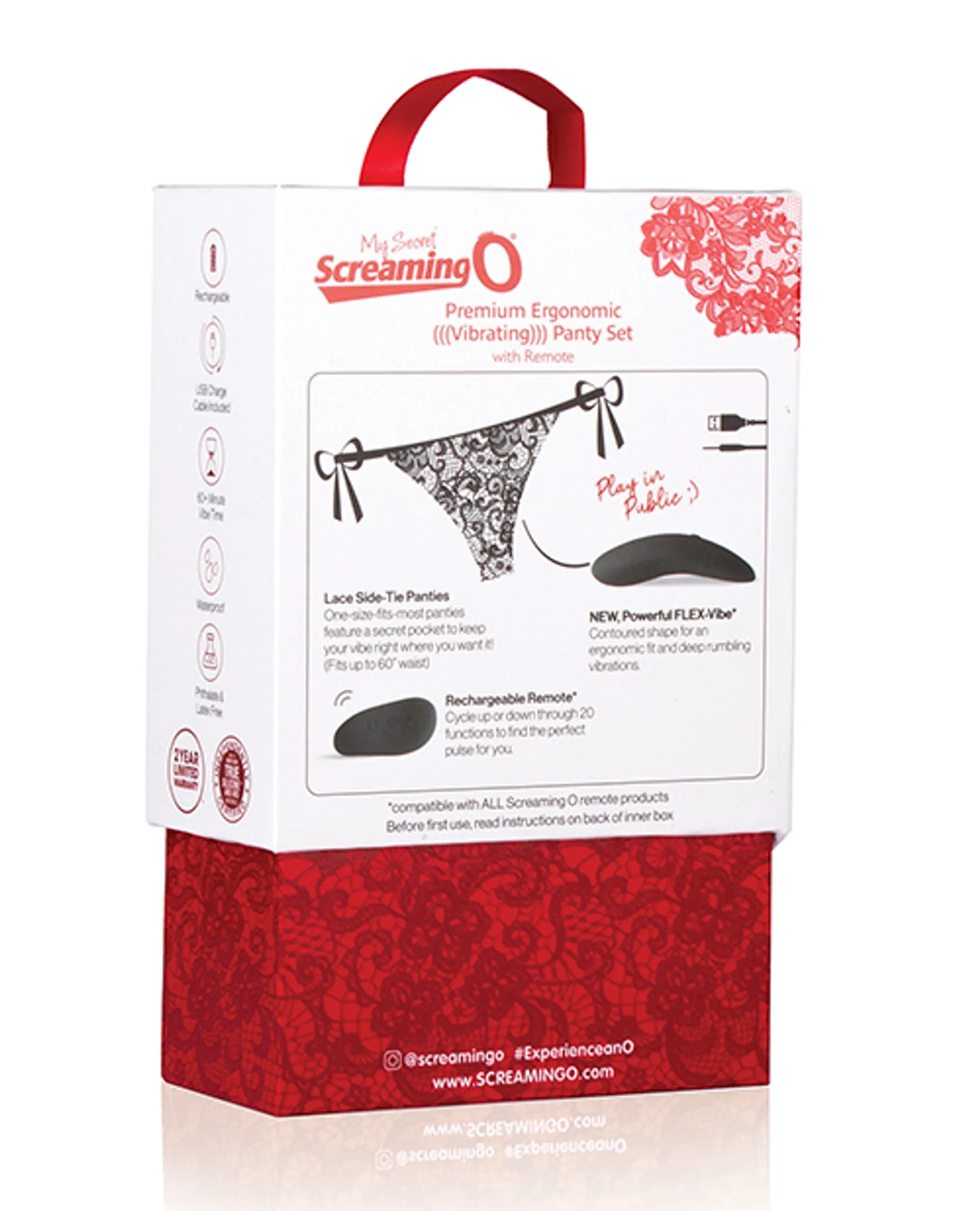 Brand: Screaming O. Discreet rechargeable remote control (optional use). Includes lace panties with hidden ergonomic vibe. 20 vibration functions with deep, rumbling power. Flexible, contoured design for a secure, comfortable fit. Over 60 minutes of vibration time. Vyxins.com