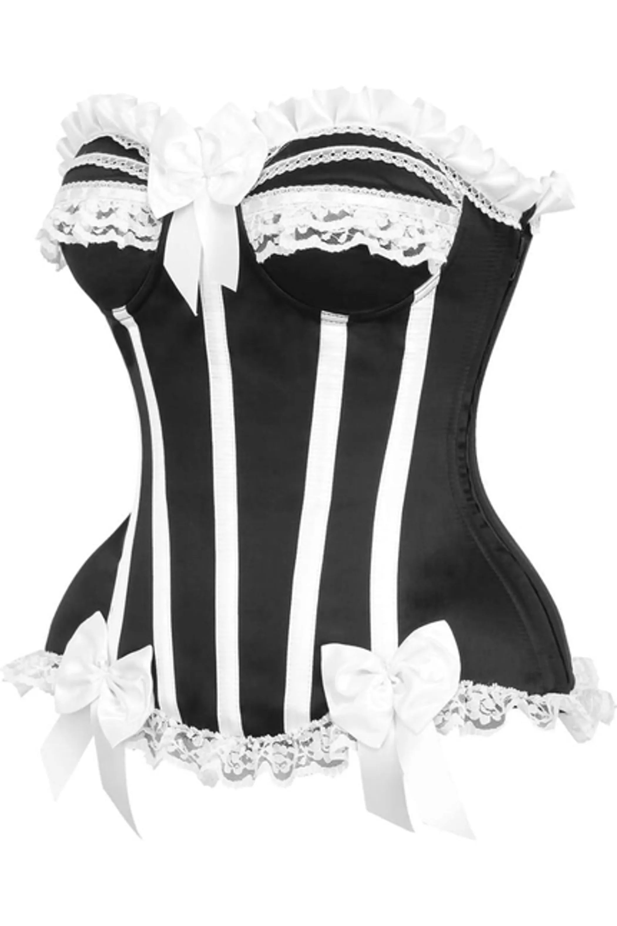 Full bust corset made of premium satin fabric
Hidden side zipper closure
Underwire cups
Spiral Steel boning throughout
Flat steel boning in the back
Lace-Up Back for cinching
Dry Clean Only. Vyxins.com
